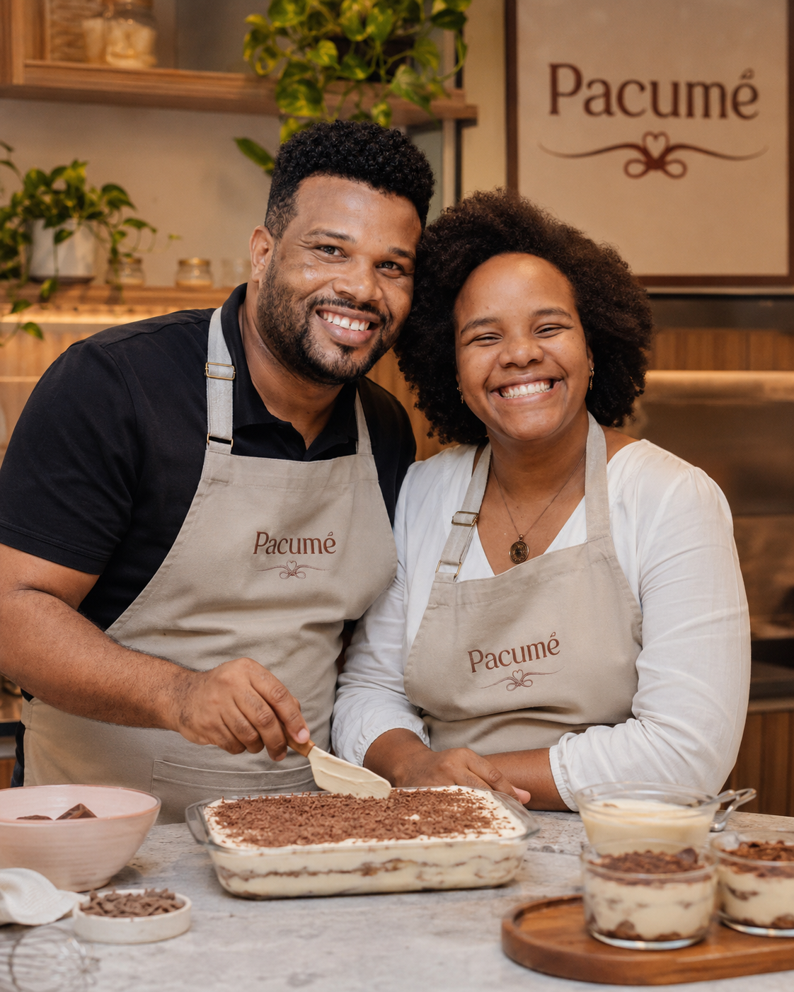 Matheus e Andressa, fundadores da Pacumê, sorrindo durante a produção de um pavê