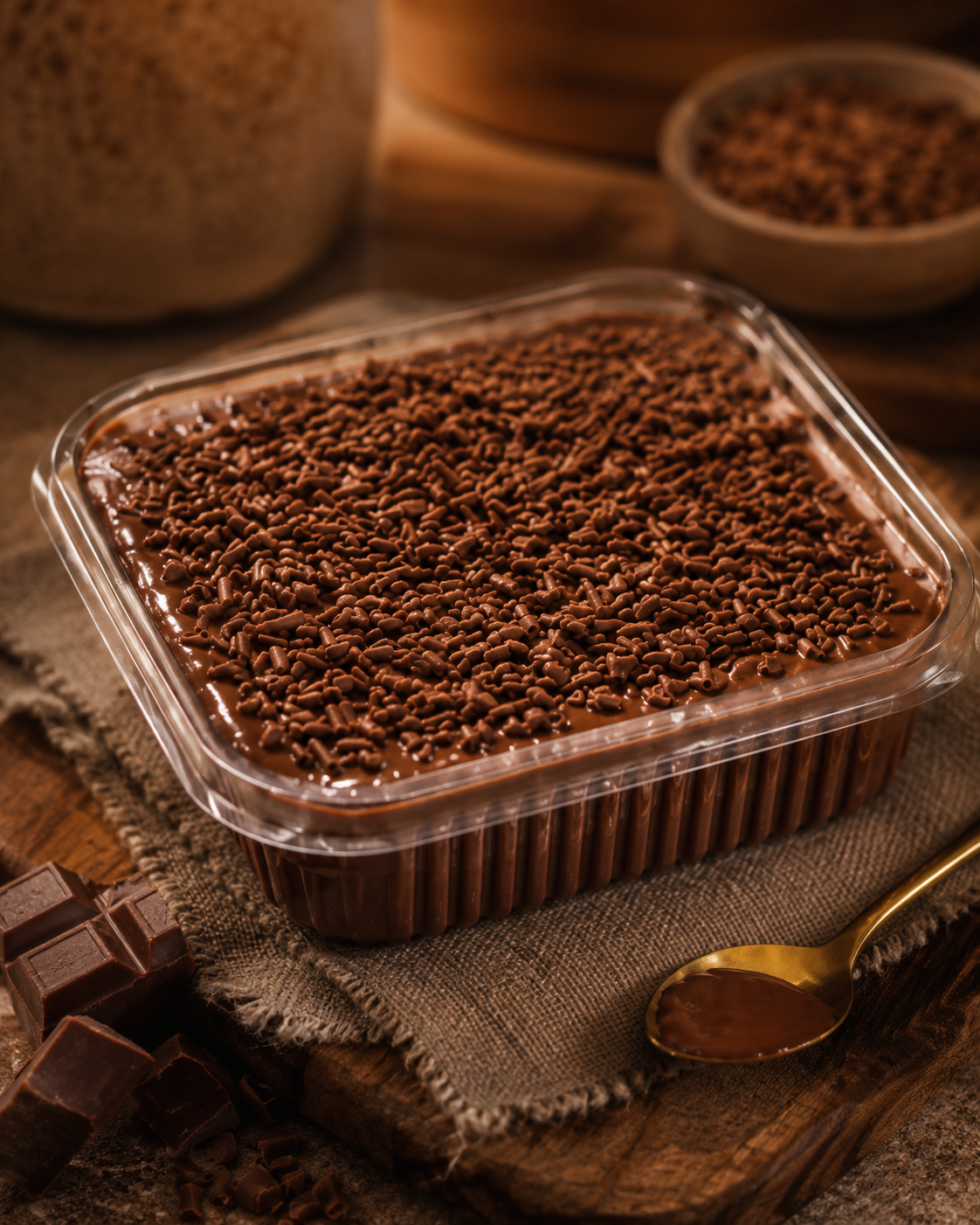 Pavê de chocolate com cobertura cremosa e granulado